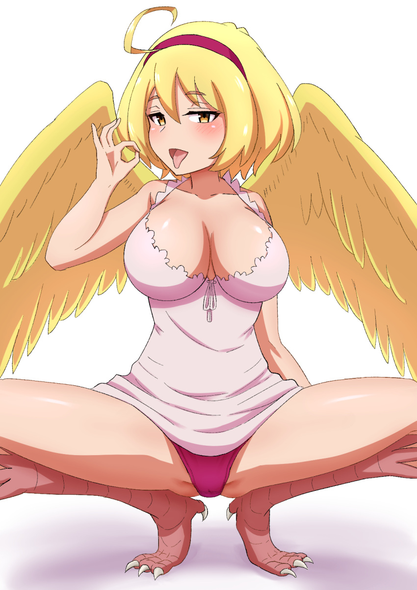 2023 5_fingers animal_humanoid avian avian_humanoid blonde_hair breasts clothed clothing eldri_(interspecies_reviewers) feathered_wings feathers fellatio_gesture female fingers front_view gesture hair hi_res humanoid interspecies_reviewers misokanaru open_mouth panties pink_tongue spread_legs spreading suggestive suggestive_gesture talons tongue tongue_out underwear winged_humanoid wings yellow_body yellow_feathers yellow_wings