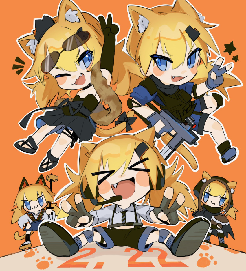 &gt;_&lt; 5girls :3 :d animal_ears black_dress blonde_hair blue_eyes blush_stickers cat_day cat_ears cat_tail chesed_(uporyz) chibi clone closed_eyes dress english_commentary eyewear_on_head fang fingerless_gloves girls'_frontline gloves gun highres holding holding_gun holding_weapon idw_(cat_in_the_box)_(girls'_frontline) idw_(cloak_and_cat_ears)_(girls'_frontline) idw_(girls'_frontline) idw_(roly-poly_ninja_cat)_(girls'_frontline) mod3_(girls'_frontline) multiple_girls official_alternate_costume one_eye_closed open_mouth parker-hale_idw shorts smile sunglasses tail v weapon