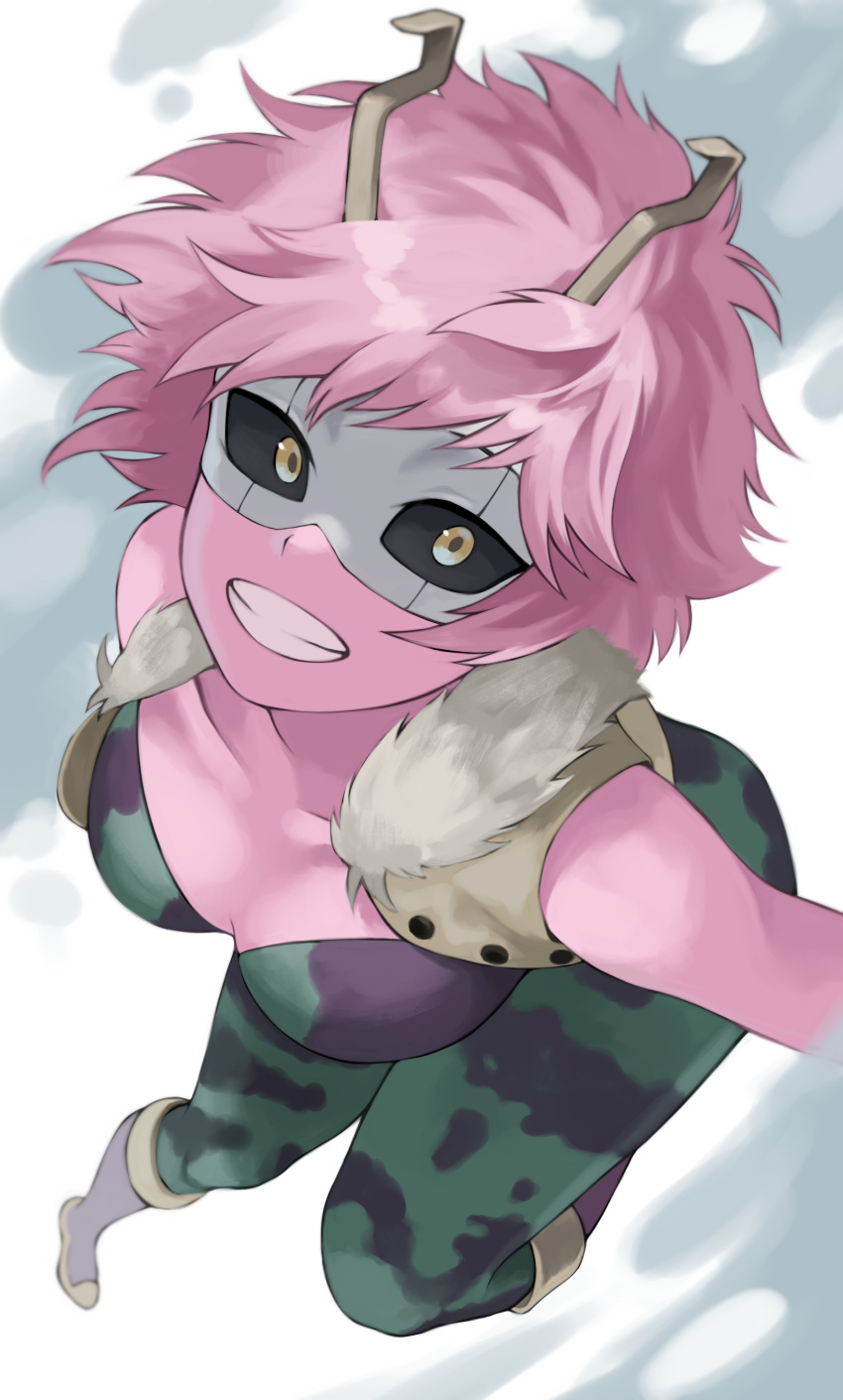 absurdres acid ashido_mina black_sclera bodysuit boku_no_hero_academia boots breasts brown_footwear colored_sclera colored_skin facing_up fengling_(furin-jp) from_above fur_trim green_bodysuit grin highres horns knee_boots looking_at_viewer mask medium_breasts multicolored_bodysuit multicolored_clothes pink_hair pink_skin purple_bodysuit short_hair smile teeth yellow_eyes