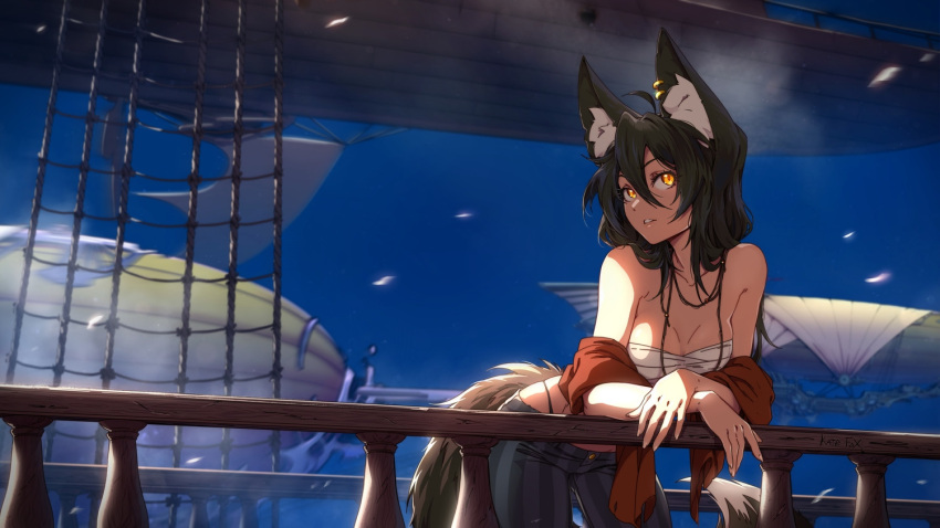 1girl ahoge aircraft airship animal_ear_fluff animal_ears bangs bare_shoulders blue_sky breasts cleavage collarbone commentary day ear_piercing english_commentary hair_between_eyes kate-fox leaning_forward looking_at_viewer medium_breasts orange_eyes original outdoors pants parted_lips piercing railing sarashi sky solo striped striped_pants tail vertical-striped_pants vertical_stripes