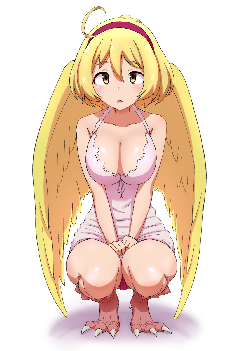 2023 ahoge animal_humanoid avian avian_humanoid blonde_hair breasts cleavage clothed clothing collarbone crouching eldri_(interspecies_reviewers) feathered_wings feathers female front_view hair hi_res humanoid interspecies_reviewers misokanaru panties scutes shadow talons underwear winged_humanoid wings yellow_body yellow_feathers yellow_wings