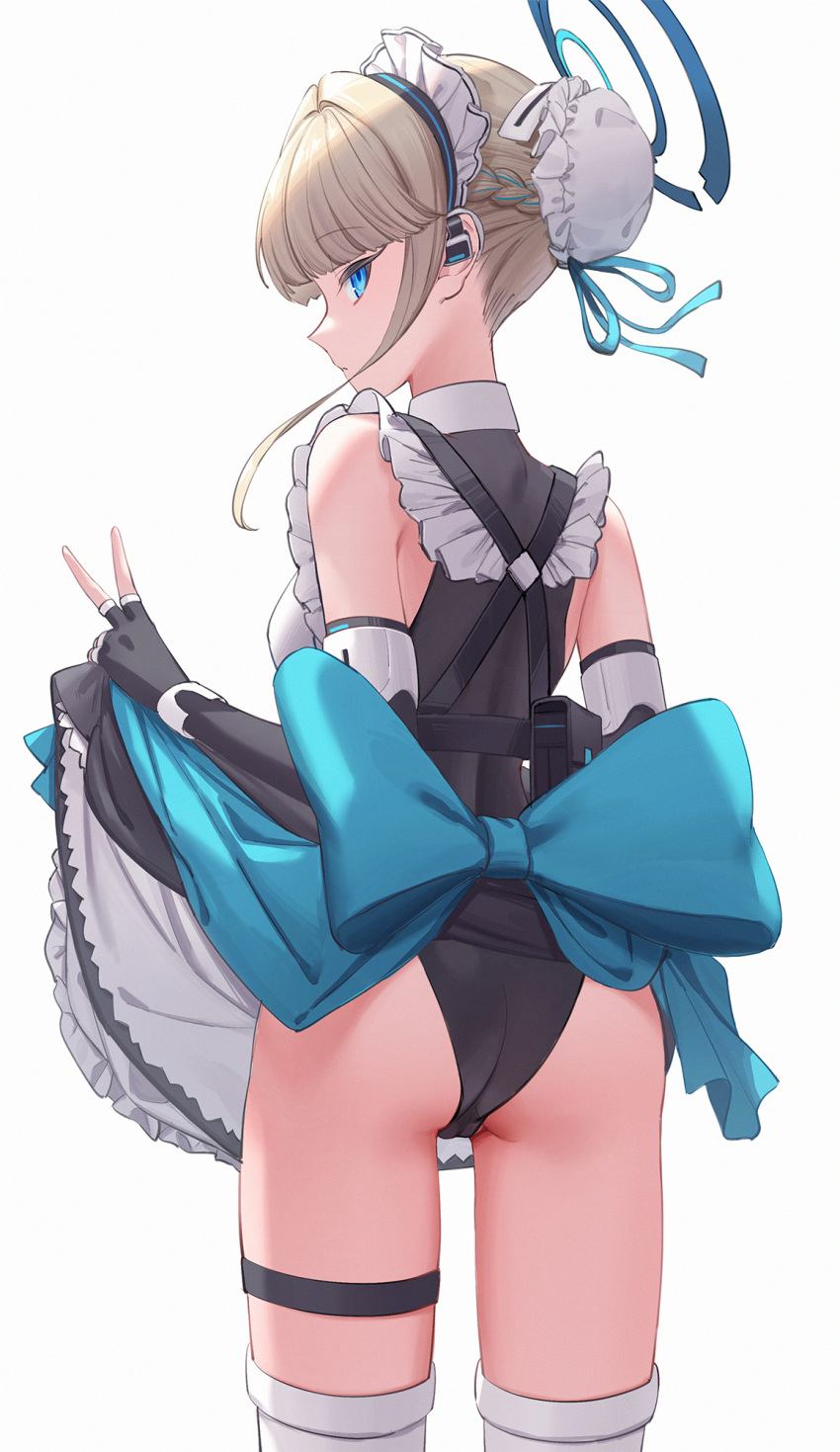 1girl apron apron_hold bangs blonde_hair blue_archive blue_bow blue_eyes blue_ribbon blunt_bangs bow braid bun_cover closed_mouth french_braid from_behind hair_bun hair_ribbon halo highres jfjf kneehighs long_hair looking_at_viewer looking_back maid maid_apron maid_headdress ribbon sleeveless_turtleneck_leotard socks solo standing toki_(blue_archive) v white_background white_socks