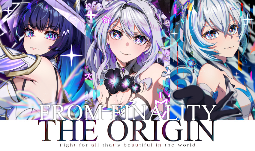 +_+ 3girls ahoge armor armored_dress bangs bare_shoulders black_gloves blue_eyes blue_hair breasts bright_pupils bronya_zaychik bronya_zaychik_(herrscher_of_truth) circlet cleavage closed_mouth crossed_bangs cruzvu dress drill_hair flower gloves grey_eyes grey_hair hair_between_eyes hair_ornament highres holding holding_sword holding_weapon honkai_(series) honkai_impact_3rd jewelry katana kiana_kaslana kiana_kaslana_(herrscher_of_finality) long_hair looking_at_viewer multicolored_hair multiple_girls pink_pupils ponytail purple_eyes purple_hair raiden_mei raiden_mei_(herrscher_of_origin) small_breasts smile sparkle sword upper_body very_long_hair weapon white_dress white_flower white_hair