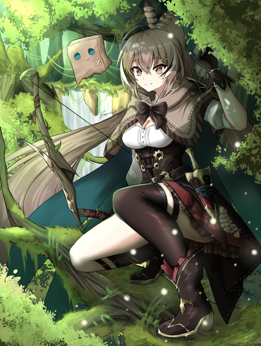 1girl ahoge ankle_boots asymmetrical_legwear bangs belt boots bow_(weapon) brown_capelet brown_cloak brown_corset brown_eyes brown_hair cape capelet cleavage_cutout cloak clothing_cutout corset dagger feather_hair_ornament feathers fgsketch forest friend_(nanashi_mumei) gloves hair_ornament hairclip highres hololive hololive_english knee_strap kneehighs knife long_hair looking_at_viewer multicolored_hair nanashi_mumei nature partially_fingerless_gloves plant pleated_skirt ponytail red_skirt ribbon shirt single_kneehigh single_sock single_thighhigh skirt smile socks streaked_hair thigh_strap thighhighs tree very_long_hair vines virtual_youtuber water waterfall weapon white_shirt