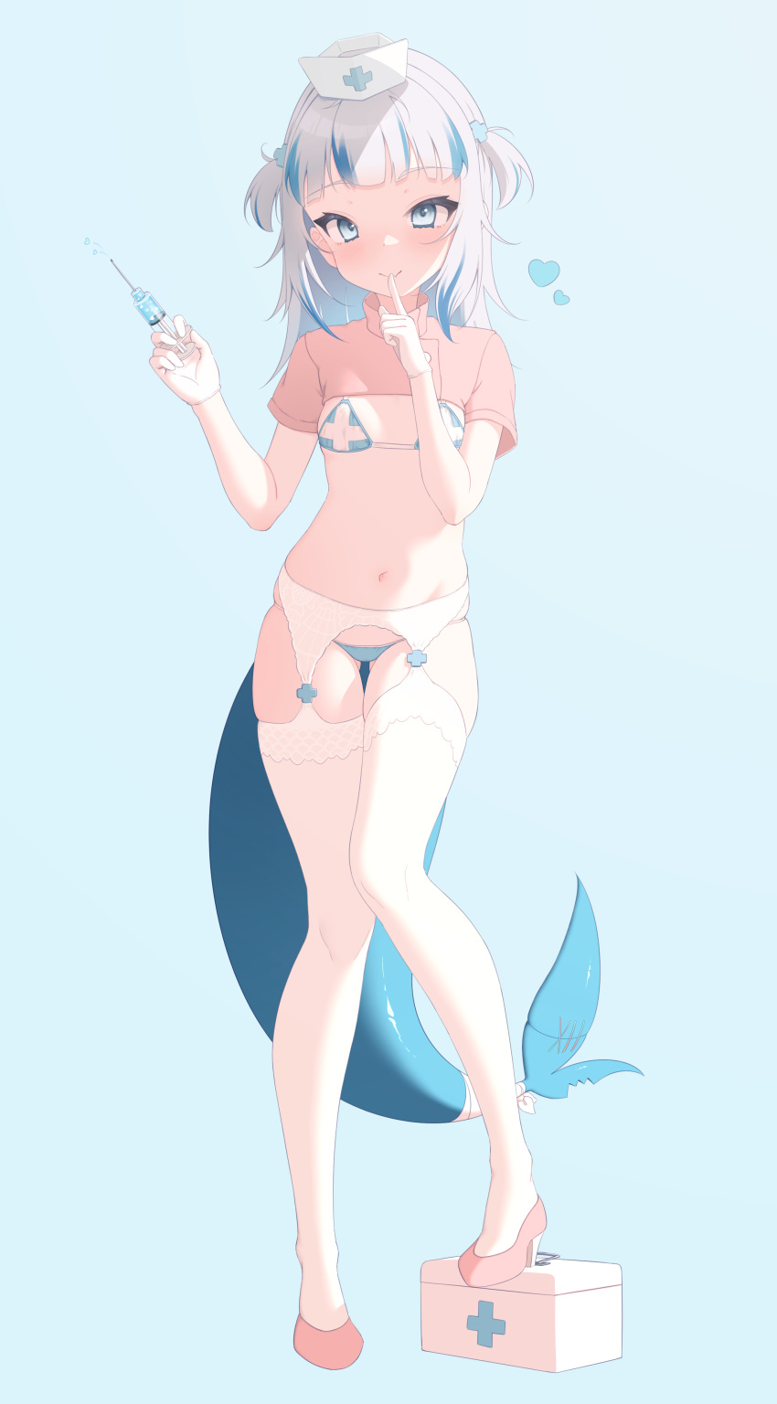 1girl absurdres bandages bangs bikini blue_bikini blue_eyes blue_hair blunt_bangs blush breasts closed_mouth fang finger_to_mouth fins first_aid_kit fish_tail full_body garter_belt gawr_gura gloves hair_ornament hand_up hat heart high_heels highres holding holding_syringe hololive hololive_english looking_at_viewer lucasyecla99 medium_hair multicolored_hair navel nurse nurse_cap pink_footwear shark_girl shark_tail short_sleeves short_twintails shrug_(clothing) shushing simple_background skin_fang small_breasts solo standing stomach streaked_hair swimsuit syringe tail thighhighs twintails two_side_up virtual_youtuber white_garter_belt white_gloves white_hair white_thighhighs