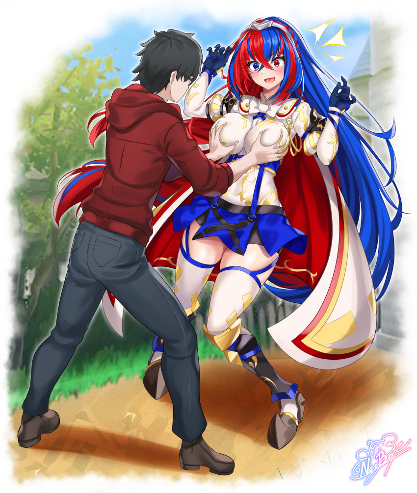 1boy 1girl :d absurdres alear_(female)_(fire_emblem) alear_(fire_emblem) black_hair blue_eyes blue_hair blue_pants blue_skirt blue_sky boots breast_grab breasts commentary commission day denim fire_emblem fire_emblem_engage grabbing heterochromia highres hood hooded_jacket jacket jeans large_breasts long_hair miniskirt multicolored_hair nez-box open_mouth original pants red_eyes red_hair red_jacket shirt short_hair skirt sky smile standing thighhighs thighs tiara two-tone_hair very_long_hair white_shirt white_thighhighs