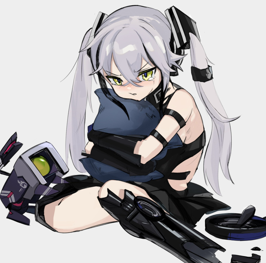 1girl annoyed bare_shoulders black_dress blush chesed_(uporyz) commentary_request crying damaged destroyer_(girls'_frontline) dinergate_(girls'_frontline) dress full_body girls'_frontline green_eyes grey_background grey_hair hair_between_eyes hair_ornament highres mechanical_legs object_hug pillow pillow_hug pout sad sangvis_ferri simple_background sitting solo tears twintails