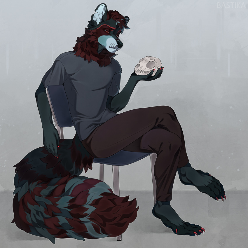 2023 4_toes 5_fingers anthro barefoot bastika canid canine digital_media_(artwork) feet fingers hi_res male mammal procyonid raccoon red_eyes solo toes