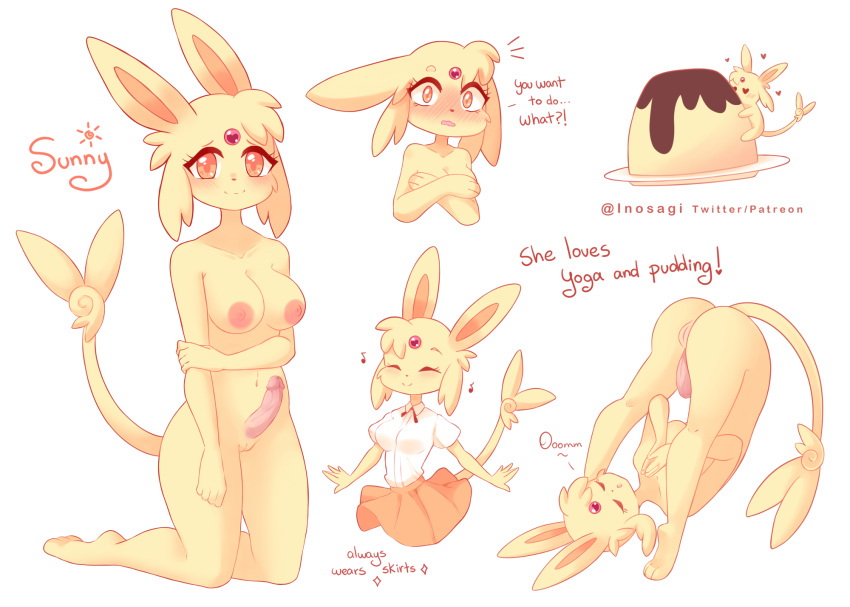 anthro blonde_hair blouse bottomwear breasts butt clothed clothing dessert eeveelution espeon food fur generation_2_pokemon genitals hair herm hi_res inosagi intersex nintendo nude penis pokemon pokemon_(species) pudding pussy skirt solo topwear yellow_body yellow_fur yoga