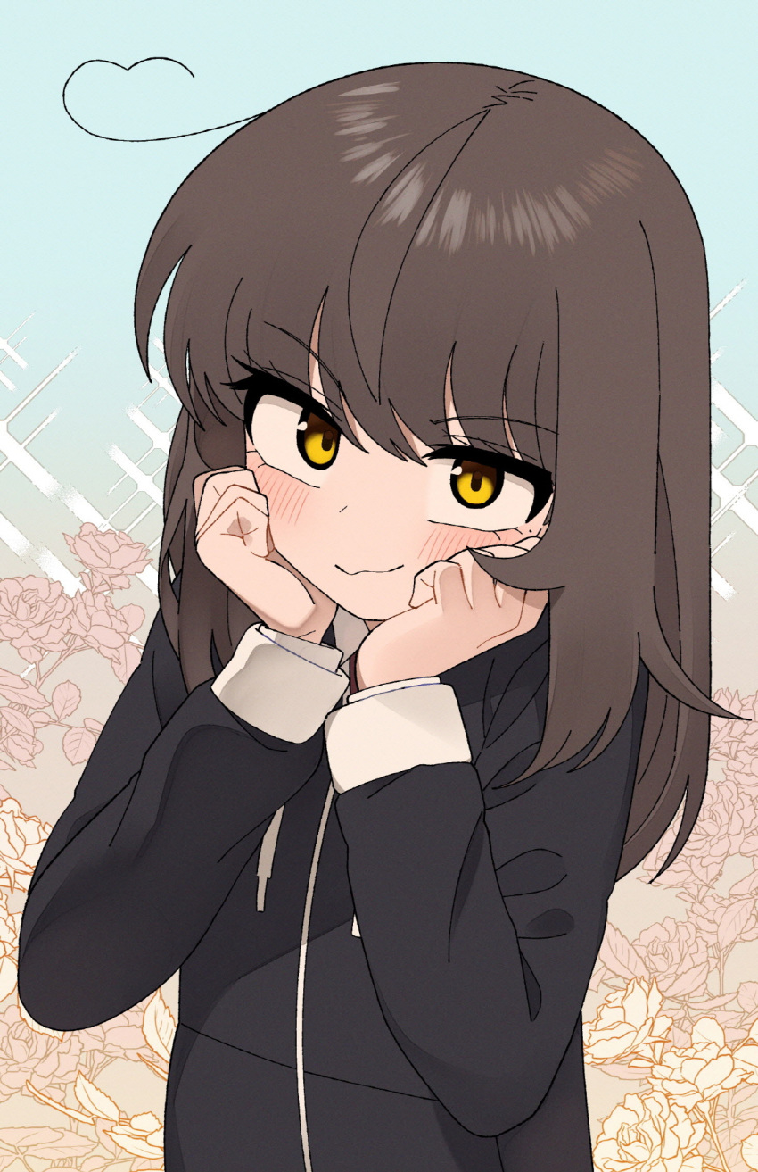 1girl ahoge bangs black_jacket blush brown_hair closed_mouth drawstring floral_background han_nuri hands_on_own_cheeks hands_on_own_face heart heart_ahoge highres jacket long_hair looking_at_viewer nakta upper_body yellow_eyes you're_under_my_skin!