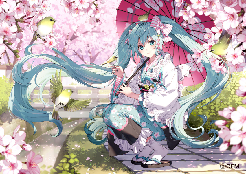 1girl alternate_costume aqua_eyes aqua_hair aqua_kimono aqua_nails bangs bird bird_on_hand black_sash bow cherry_blossoms closed_mouth commentary_request day floating_hair floral_print flower frills full_body grass hair_bow hair_ornament hatsune_miku highres holding holding_umbrella japanese_clothes kimono leaf long_hair nail_polish nardack obi oil-paper_umbrella outdoors piapro pink_flower plant railing sash sitting slippers smile socks solo squatting striped striped_bow tree twintails umbrella very_long_hair vocaloid white_bow white_socks wide_sleeves