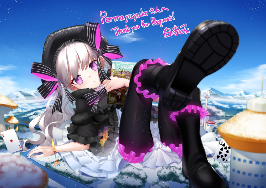 1girl ace_of_hearts alternate_height black_footwear black_headwear black_pantyhose book bow building card commission expressionless fate/extra fate/extra_ccc fate/grand_order fate_(series) forest fork frilled_skirt frilled_sleeves frills giant giant_mushroom giantess gothic_lolita grey_hair heart highres holding holding_book lolita_fashion long_hair looking_at_viewer mountain mushroom nature nursery_rhyme_(fate) outdoors pantyhose pink_bloomers playing_card purple_eyes ribbon river shiro_ami skeb_commission skirt snow solo striped striped_bow striped_ribbon
