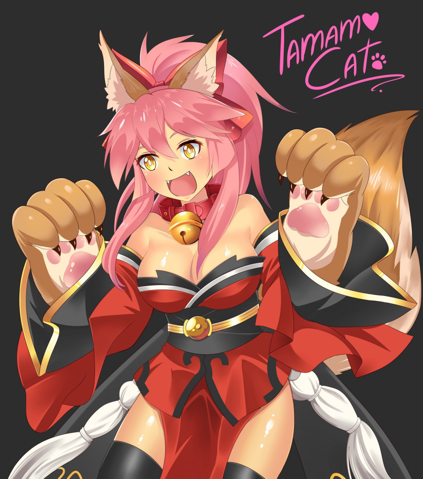 1girl animal_ear_fluff animal_ears animal_hands bare_shoulders bell blush bow breasts cat_paws character_name cleavage collar collarbone fangs fate/grand_order fate_(series) fox_ears fox_girl fox_shadow_puppet fox_tail gloves heart highres japanese_clothes jingle_bell kimono large_breasts looking_at_viewer meierufu neck_bell open_mouth paw_gloves pink_hair ponytail red_bow red_kimono red_ribbon ribbon solo tail tamamo_(fate) tamamo_cat_(fate) tamamo_cat_(first_ascension)_(fate)