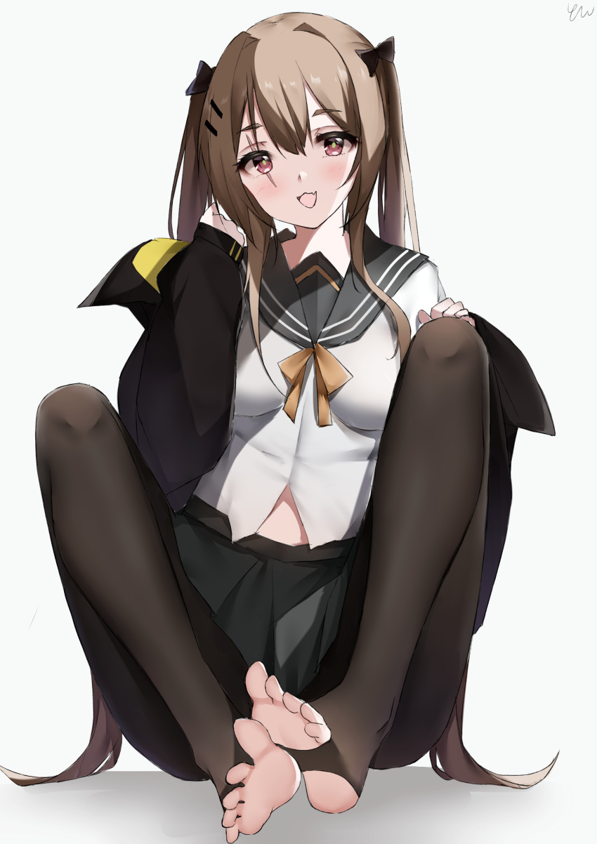 1girl :d absurdres bow brown_eyes brown_hair commentary_request fang full_body girls'_frontline hair_between_eyes hair_bow hair_ornament hairclip highres jacket looking_at_viewer no_shoes off_shoulder open_mouth pleated_skirt scar scar_across_eye school_uniform serafuku shirt sitting skin_fang skirt smile soles solo stirrup_legwear toeless_legwear toes twintails ump9_(girls'_frontline) white_shirt yanwulazy