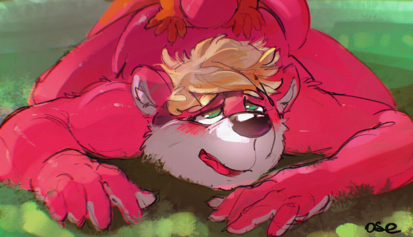 anthro anthro_penetrated black_nose blonde_hair blush duo faceless_character faceless_male fur glistening glistening_eyes glistening_nose grass green_eyes hair hi_res looking_pleasured lying male male/male male_(lore) male_penetrated male_penetrating male_penetrating_male narrowed_eyes nude on_front open_mouth oselotti oselotti_(character) penetration pink_body pink_fur pink_tongue plant sex signature solo_focus tongue white_body white_fur