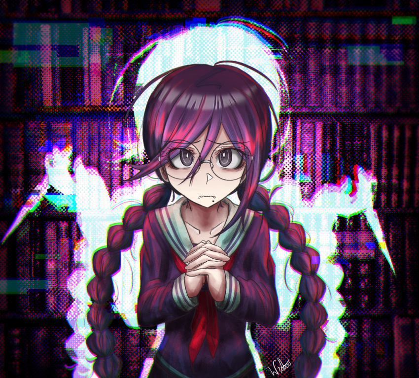 1girl artist_name bangs bookshelf braid collarbone danganronpa:_trigger_happy_havoc danganronpa_(series) fukawa_touko genocider_shou glasses grey_sailor_collar hair_between_eyes highres interlocked_fingers long_hair looking_at_viewer mole mole_under_mouth multicolored_background own_hands_together purple_hair red_shirt round_eyewear sailor_collar school_uniform shirt solo teeth twin_braids wavy_mouth wibboo