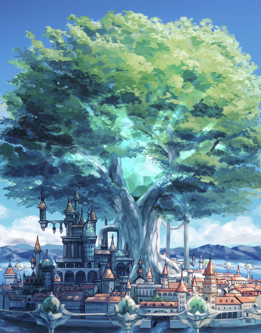 building castle city cloud day fantasy gem giant_tree glowing glowing_gem green_gemstone highres milly_(illst) mountainous_horizon no_humans ocean original scenery tower tree watercraft