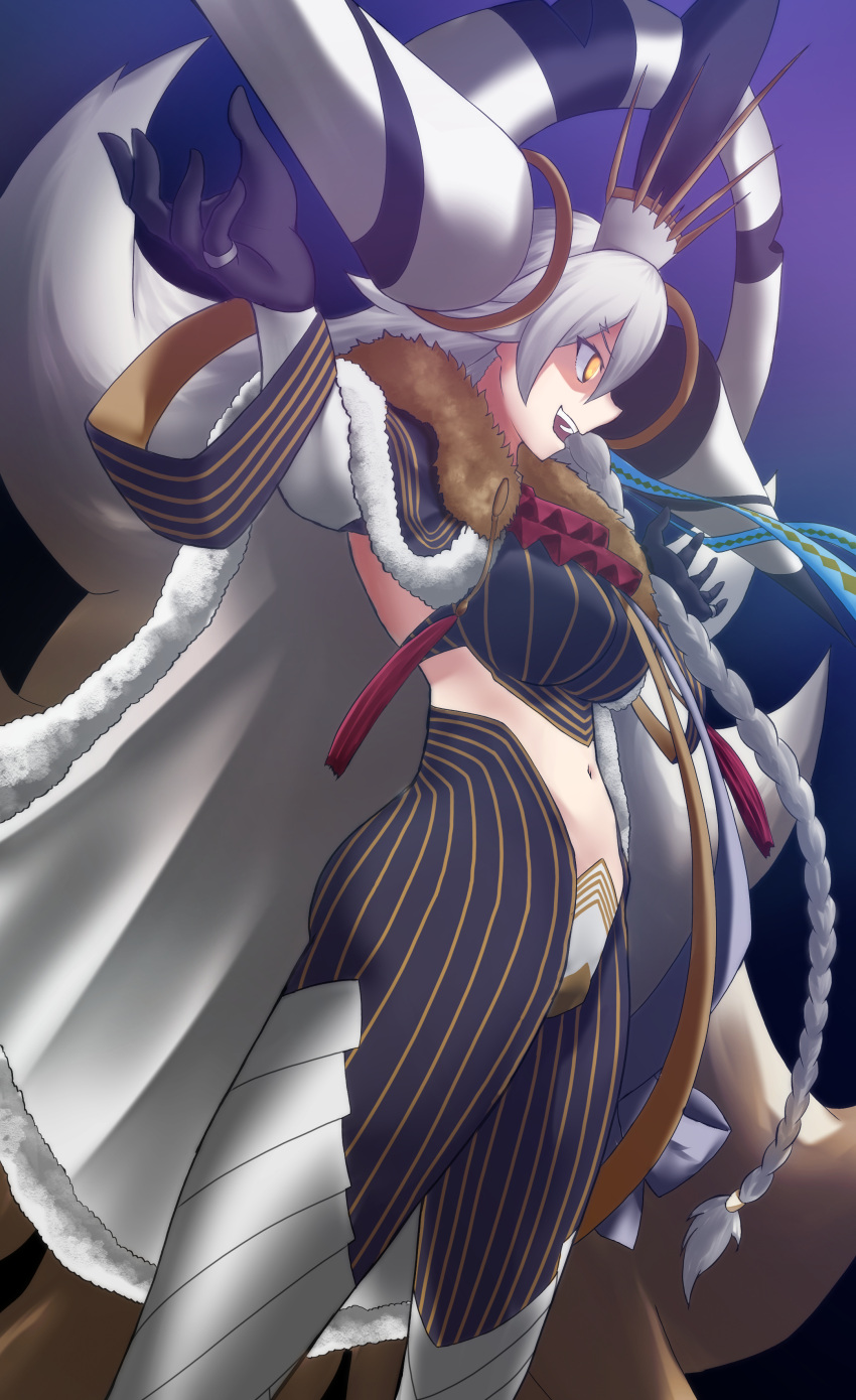 1girl absurdres ascot bangs black_gloves black_pantyhose braid breasts cape crop_top earrings fate/grand_order fate_(series) fur-trimmed_cape fur_trim gloves highres horns huge_horns jewelry large_breasts long_hair long_horns long_sleeves midriff navel olga_marie_animusphere open_mouth pantyhose shaded_face shidou_(x_2903) side_braid smile solo striped thighs u-olga_marie vertical_stripes very_long_hair white_hair yellow_eyes
