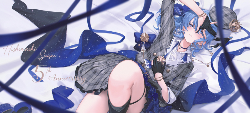 1girl ascot beret black_gloves blue_ascot blue_eyes blue_hair blue_nails blue_ribbon blurry bracelet character_name choker collared_shirt depth_of_field dress frills gloves hat hat_removed headwear_removed highres hololive hoshimachi_suisei jewelry looking_at_viewer lying medium_hair nail_polish on_back parted_lips partially_fingerless_gloves plaid plaid_dress ribbon shirt solo thigh_strap virtual_youtuber whitem_(whiteemperor2020)