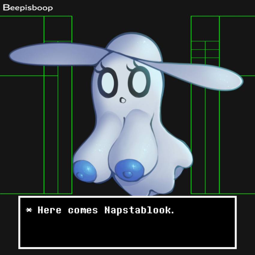 areola beepisboop big_breasts black_background blue_areola blue_nipples breasts clothed clothing crossgender eyelashes female ghost hat headgear headwear hi_res huge_breasts looking_at_viewer mostly_nude napstablook nipples not_furry open_mouth simple_background solo spirit text undertale undertale_(series) white_body white_clothing white_eyes white_hat white_headwear