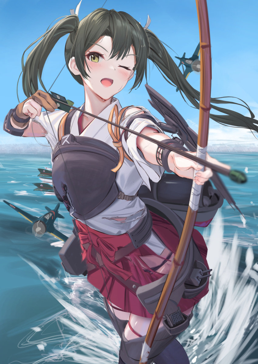 1girl absurdres aircraft arrow_(projectile) bow_(weapon) brown_gloves day gloves green_eyes green_hair hair_ribbon hakama hakama_skirt highres holding holding_bow_(weapon) holding_weapon japanese_clothes kantai_collection kokenashi long_hair muneate ocean one_eye_closed open_mouth partially_fingerless_gloves red_hakama ribbon skirt solo tasuki twintails weapon white_ribbon yugake zuikaku_(kancolle) zuikaku_kai_ni_(kancolle)