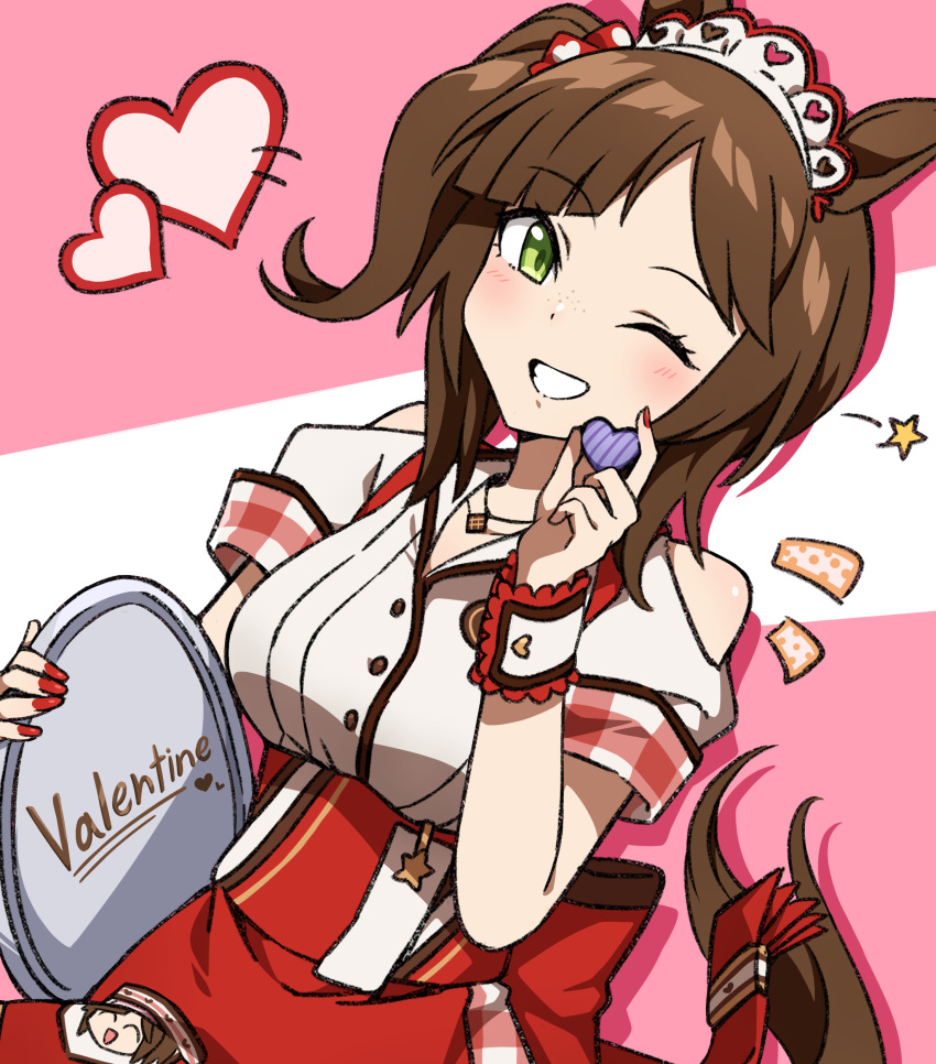 1-4daithi 1girl absurdres animal_ears ass blush breasts brown_hair candy chocolate clothing_cutout food freckles green_eyes grin hair_ornament hair_scrunchie heart heart-shaped_chocolate high-waist_skirt highres holding holding_tray horse_ears horse_girl horse_tail ines_fujin_(melty_gift)_(umamusume) ines_fujin_(umamusume) looking_at_viewer maid_headdress medium_breasts medium_hair one_eye_closed one_side_up red_nails red_skirt scrunchie shirt shirt_tucked_in short_sleeves shoulder_cutout skirt smile solo star_(symbol) tail tray umamusume upper_body valentine white_shirt