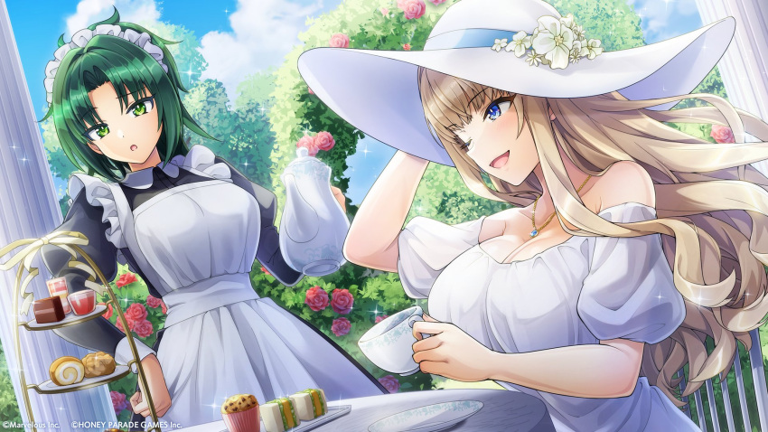 2girls apron blonde_hair blue_eyes cake cup dolphin_wave dress food garden green_eyes green_hair harunami_anri highres holding holding_cup holding_teapot kirahoshi_kanna long_hair maid maid_apron maid_headdress multiple_girls official_art one_eye_closed ootomo_takuji ponytail puffy_short_sleeves puffy_sleeves sandwiched short_sleeves teapot wavy_hair white_dress