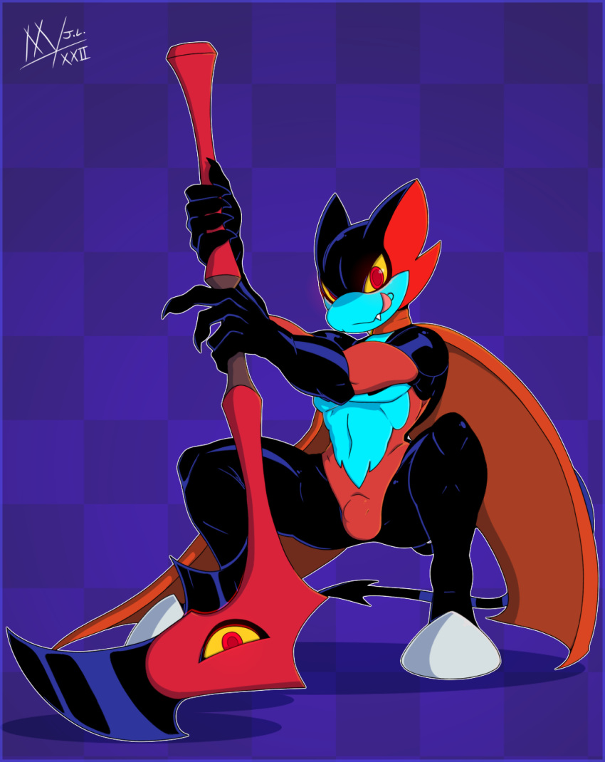 anthro black_body blue_body brass_instrument bugle cape claws clothing hi_res kings_of_hell licking licking_lips lutin_lucifer male meatboomjl musical_instrument red_body solo spade_tail sqaut tail tongue tongue_out weapon weapon_with_eyes wind_instrument