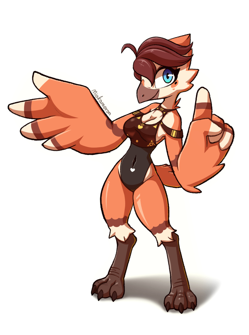 &lt;3 3_toes 4_fingers anthro avian barefoot beak big_breasts biped bird blue_eyes breasts brown_hair claws cleavage clothed clothing digital_media_(artwork) eyelashes feather_hands feathered_wings feathers feet female fingers hair hi_res miakameron navel_outline orange_body shaded shadow side_boob simple_background smile solo standing tail_feathers talons toe_claws toes topwear wings