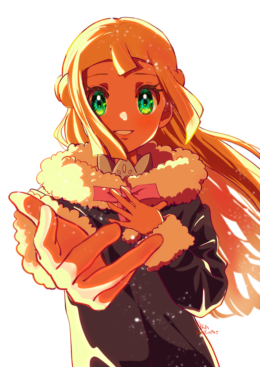 1girl absurdres bangs beckoning blonde_hair blunt_bangs coat facing_viewer fur-trimmed_coat fur_trim green_eyes grey_coat hand_on_own_chest highres light_rays lillie_(pokemon) long_hair long_sleeves pink_ribbon pokemon pokemon_(anime) pokemon_journeys ribbon sheyona smile teeth