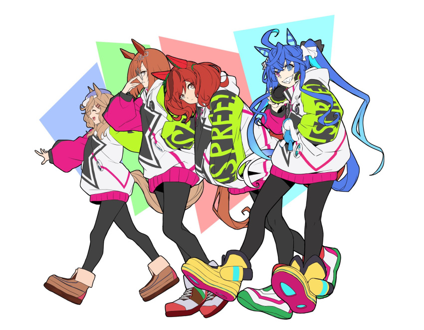 4girls @_@ adjusting_eyewear ahoge animal_ears black_pantyhose blue_eyes blue_hair boots brown_footwear brown_hair closed_eyes closed_mouth cosplay glasses grin hair_ornament hairclip hand_in_pocket hands_in_pockets hat headphones headphones_around_neck heterochromia highres hood hood_down horse_ears horse_girl horse_tail ikuno_dictus_(umamusume) leaning_forward long_hair long_sleeves looking_at_viewer matikane_tannhauser_(umamusume) medium_hair multiple_girls nice_nature_(umamusume) open_mouth pantyhose purple_eyes round_eyewear sharp_teeth smile stuffed_animal stuffed_rabbit stuffed_toy tail teeth twin_turbo_(umamusume) twin_turbo_(umamusume)_(cosplay) twintails umamusume wakoudo walking yellow_eyes yellow_footwear