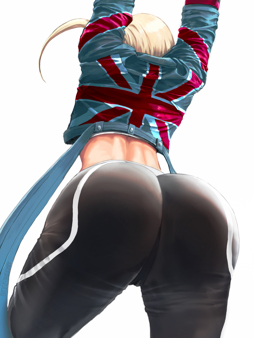 1girl antenna_hair arched_back arms_up ass ass_focus blonde_hair cameltoe cammy_stretch_(meme) cammy_white commentary_request cropped_jacket from_behind highres meme pants short_hair solo street_fighter street_fighter_6 tight tight_pants union_jack varbecrank white_background yoga_pants