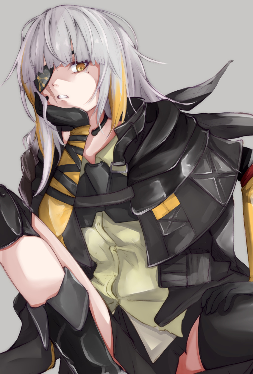 1girl absurdres black_gloves boots collared_shirt commentary_request eyepatch girls'_frontline gloves grey_background grey_hair grimace head_rest highres jacket knee_pads looking_at_viewer m16a1_(boss)_(girls'_frontline) m16a1_(girls'_frontline) mole mole_under_eye nachi-kun scar scar_on_face shirt simple_background solo squatting