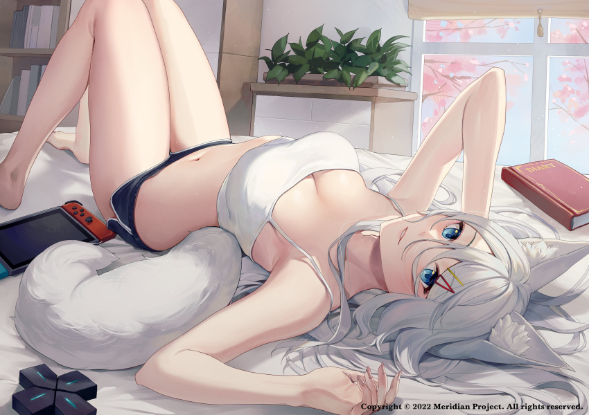 1girl absurdres animal_ear_fluff animal_ears armpits arms_up bare_arms bare_legs bare_shoulders barefoot black_shorts blue_eyes book breasts camisole cleavage crop_top dolphin_shorts fox_ears fox_girl fox_tail hair_between_eyes hair_ornament hair_spread_out hairclip highres illian-san knees_up long_hair looking_at_viewer lying medium_breasts meridian_project micro_shorts midriff mizuki_(vtuber) navel nintendo_switch on_back on_bed parted_lips shirt shorts sleeveless sleeveless_shirt smile solo spaghetti_strap stomach tail thighs virtual_youtuber watermark white_hair white_shirt