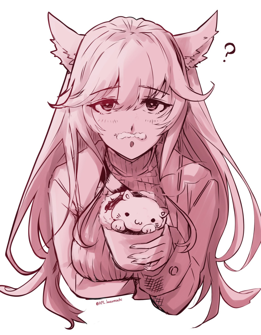 1girl ? animal_ears arm_under_breasts breasts coffee coffee_mug commentary_request cup foam_mustache girls'_frontline girls'_frontline_neural_cloud hair_between_eyes highres holding holding_cup jacket kpl_kuzumochi large_breasts latte_art long_hair looking_at_viewer monochrome mug open_mouth persicaria_(girls'_frontline_nc) ribbed_sweater simple_background solo sweater twitter_username upper_body white_background