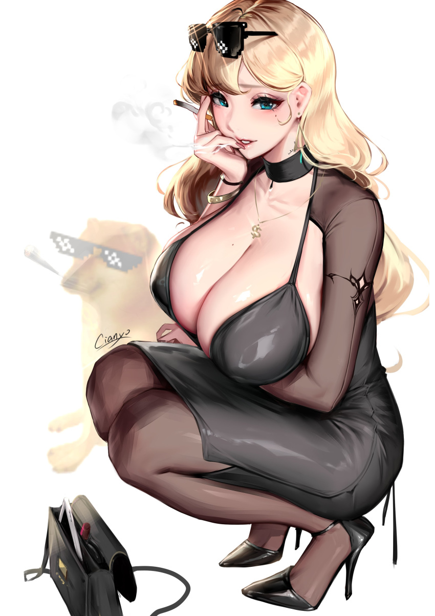 1girl absurdres bag black_dress blonde_hair blue_eyes breasts cheemsburger_(doge) cian_yo cigarette cleavage deal_with_it_(meme) dollar_sign dress full_body handbag high_heels highres holding holding_cigarette huge_breasts long_hair meme original pantyhose signature simple_background smile squatting sunglasses white_background