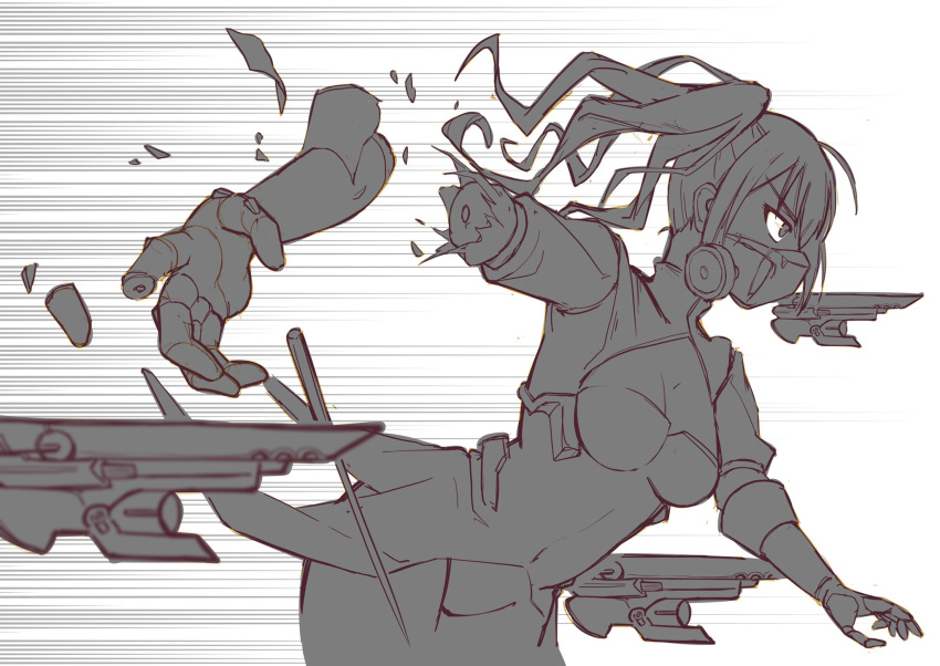 1girl ahoge amputee android baton_(conducting) breasts cleavage commentary_request covered_navel cowboy_shot damaged drone from_side girls'_frontline greyscale highres kuroketto monochrome respirator sangvis_ferri scarecrow_(girls'_frontline) severed_arm severed_limb solo twintails