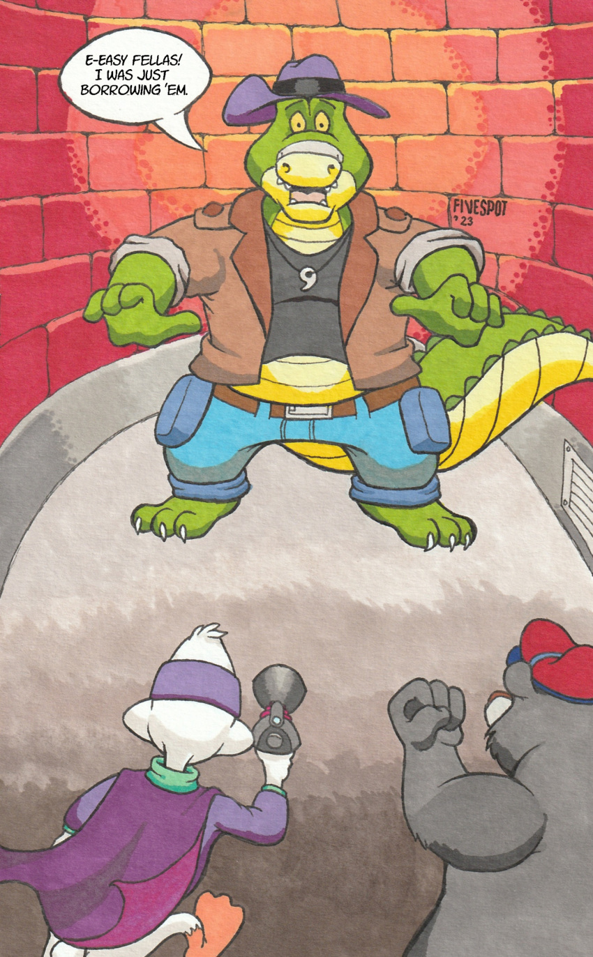 2023 absurd_res alligator alligatorid anthro avian baloo bear biped bottomwear brok_(character) brok_the_investigator cape clothing crocodilian darkwing_duck detailed_background dialogue disney english_text fivespot green_body grey_body group hat headgear headwear hi_res humanoid_hands mammal pants reptile scalie shirt text the_jungle_book topwear weapon worried