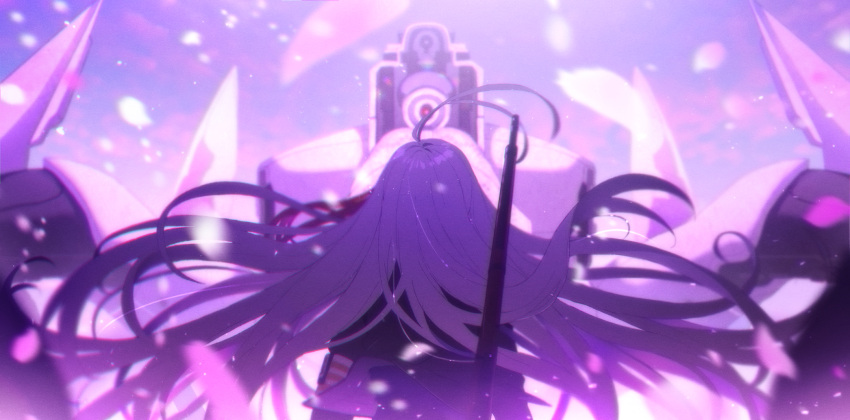 1girl 1other 86_-eightysix- antenna_hair armband black_jacket blurry cloud falling_petals floating_hair from_behind gun gun_on_back highres jacket kagura_kurosaki long_hair mecha petals rifle robot sky vladilena_millize weapon weapon_on_back white_hair xm2_reginleif