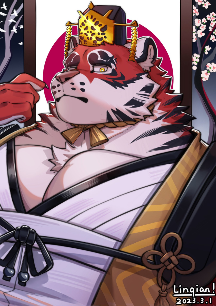 1boy animal_ears bara chinese_clothes crave_saga dated furry furry_male hand_up highres large_pectorals linqiankira looking_at_viewer male_focus mature_male mian_guan muscular muscular_male open_clothes orange_fur pectoral_cleavage pectorals pointing pointing_at_self solo thick_eyebrows tiger_boy tiger_ears two-tone_fur upper_body yata_no_kagami_(crave_saga)