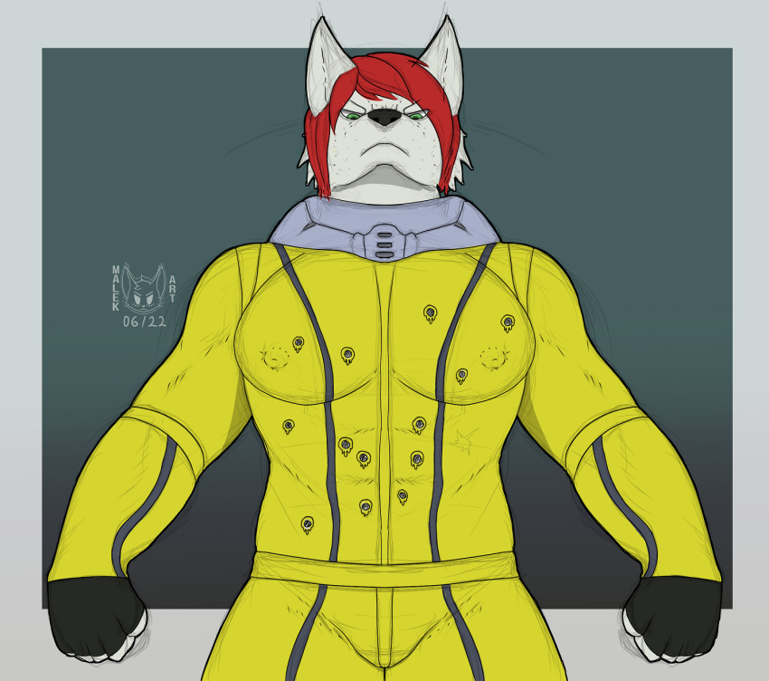 anthro biceps canid canine clothed clothing colored colored_sketch crossdressing crossover digital_drawing_(artwork) digital_media_(artwork) female flat_colors fur green_eyes hair hi_res looking_at_viewer malekart mammal muscular muscular_anthro pecs signature simple_background sketch solo standing watermark white_body white_fur