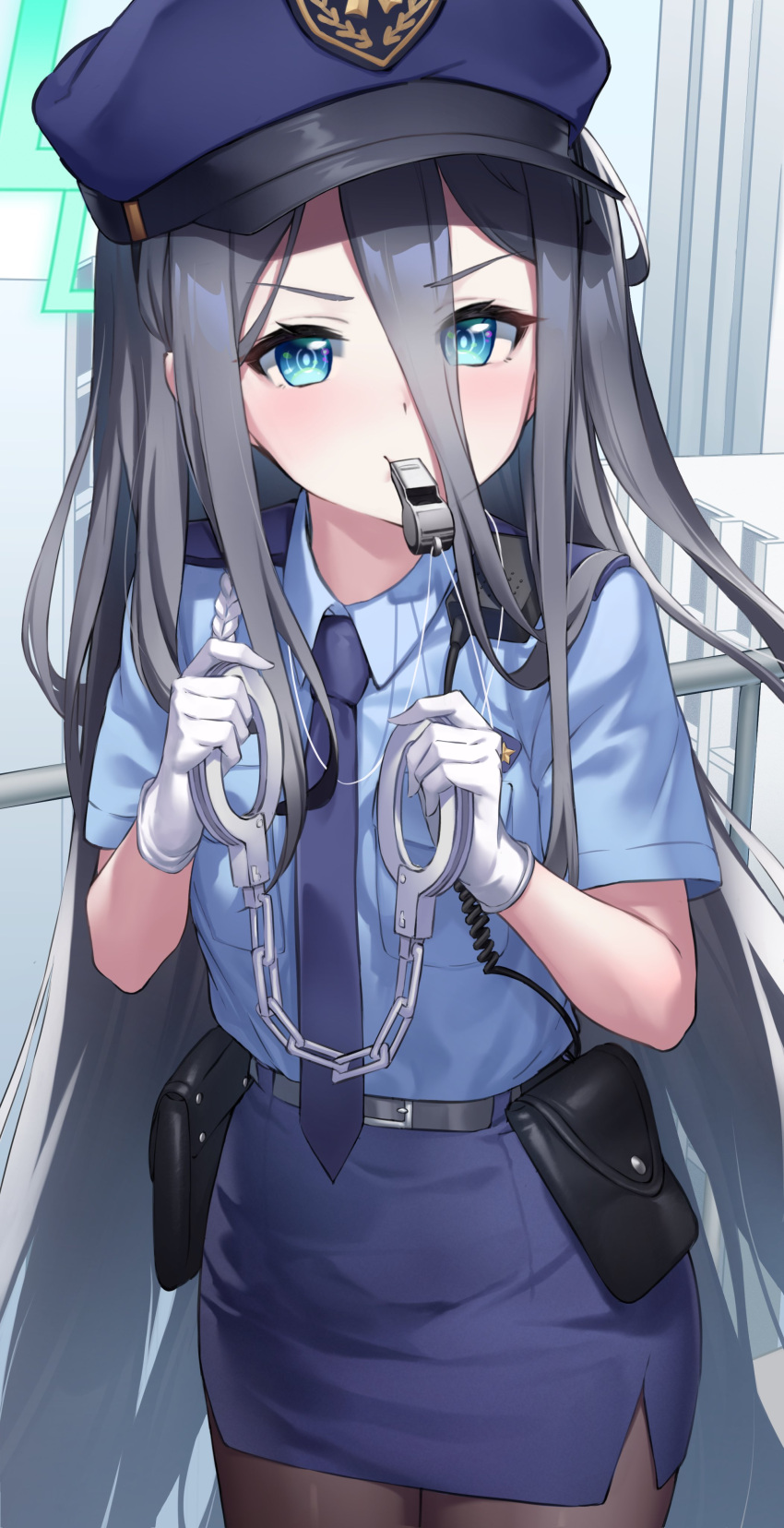 1girl absurdly_long_hair absurdres alternate_costume aris_(blue_archive) black_hair blue_archive blue_shirt cuffs gloves halo handcuffs hat highres long_hair mouth_hold pantyhose pizza_(pizzania_company) pocket police police_hat police_uniform policewoman shirt solo uniform very_long_hair walkie-talkie whistle white_gloves