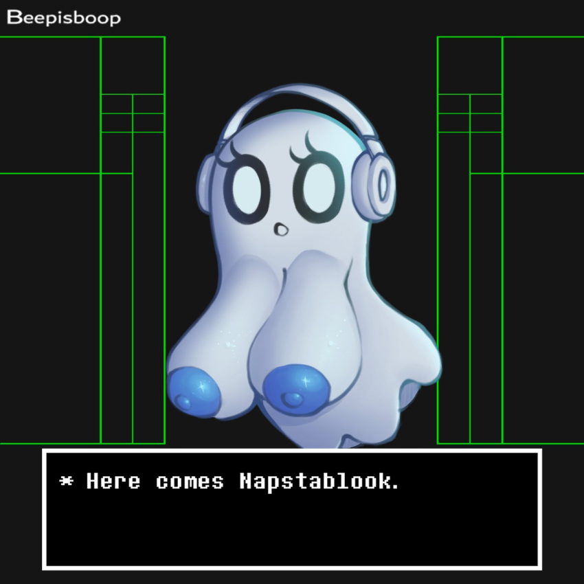 areola beepisboop big_breasts black_background blue_areola blue_nipples breasts crossgender eyelashes female ghost headphones hi_res huge_breasts looking_at_viewer napstablook nipples not_furry nude open_mouth simple_background solo spirit text undertale undertale_(series) white_body white_eyes