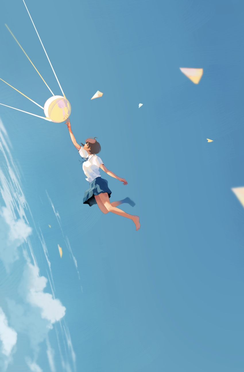 1girl barefoot brown_hair cloud highres original reaching school_uniform short_hair sky sputnik taizo4282