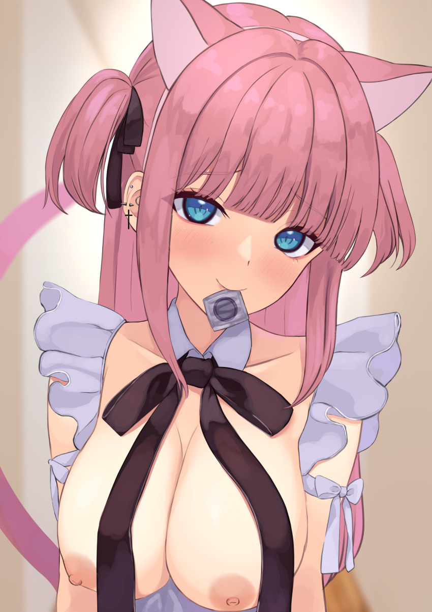 1girl absurdres animal_ears apron aqua_eyes arm_ribbon bangs black_ribbon blurry blurry_background blush breasts breasts_out cat_ears cleavage closed_mouth collarbone condom condom_in_mouth condom_wrapper cross cross_earrings detached_collar ear_piercing earrings frilled_apron frills hair_ribbon hairband highres jewelry jirai_kei large_breasts long_hair looking_at_viewer mouth_hold naked_apron neck_ribbon nipples original piercing pink_hair pink_hairband ribbon shaketarako smile solo spiked_ear_piercing two_side_up white_apron white_ribbon