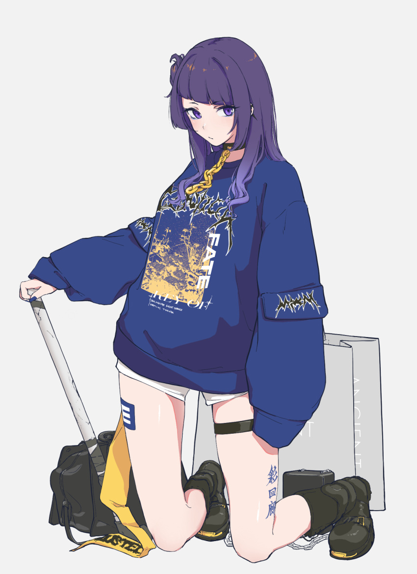 1girl bag bangs black_choker black_footwear blue_sweater chain choker diagonal_bangs highres hodoyoi idolmaster idolmaster_shiny_colors kneeling looking_at_viewer nail_polish oversized_clothes purple_eyes purple_hair shopping_bag shorts sleeves_past_wrists solo sweater tanaka_mamimi thigh_strap white_background white_shorts