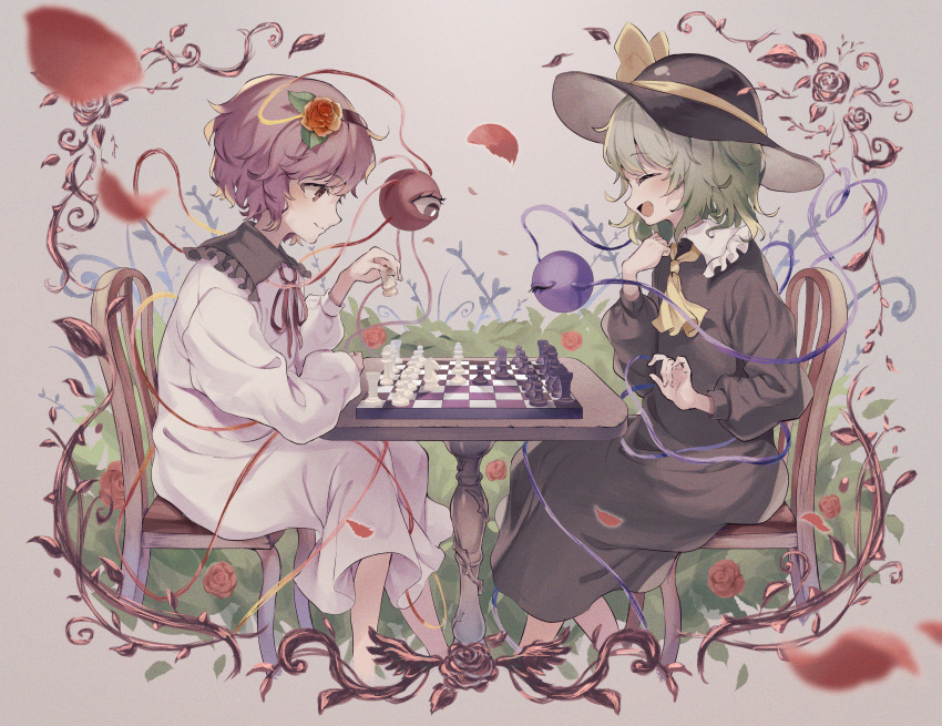 2girls :d absurdres alternate_costume ascot bishop_(chess) black_dress black_hairband black_headwear board_game chess chess_piece chessboard closed_mouth collared_dress commission commissioner_upload dress facing_another feet_out_of_frame flower frilled_shirt_collar frills green_eyes green_hair hair_flower hair_ornament hairband hands_up hat highres holding_chess_piece king_(chess) knight_(chess) komeiji_koishi komeiji_satori leaf long_sleeves multiple_girls neck_ribbon non-web_source on_chair open_mouth pawn_(chess) pink_eyes pink_hair queen_(chess) red_flower red_ribbon red_rose ribbon rook_(chess) rose rose_bush sekisei_(superego51) short_hair siblings sisters sitting skeb_commission smile third_eye thorns touhou white_dress yellow_ascot