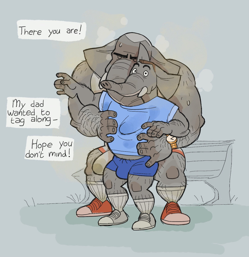 2023 anthro bench biceps blue_clothing blue_shirt blue_topwear bottomwear bulge clothed clothing duo elephant elephantid erection erection_under_clothing eyes_closed feeling_chest feeling_up hairy_forearms hairy_legs hi_res incest_(lore) male male/male mammal mature_male muscular outside park_bench proboscidean shirt shorts shoulder_hair smallsrabbit speech_bubble tank_top topwear wide_eyed