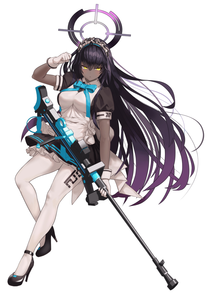 1girl absurdres apron black_footwear black_hair blue_archive blue_bow blue_bowtie blush bow bowtie boys_anti_tank_rifle closed_mouth colored_tips dark-skinned_female dark_skin full_body gloves gun hair_between_eyes halo high_heels highres holding holding_gun holding_weapon karin_(blue_archive) long_hair looking_to_the_side maid maid_headdress multicolored_hair pantyhose phoebe_(user_vvpf4584) puffy_short_sleeves puffy_sleeves short_sleeves solo weapon white_apron white_gloves white_pantyhose yellow_eyes