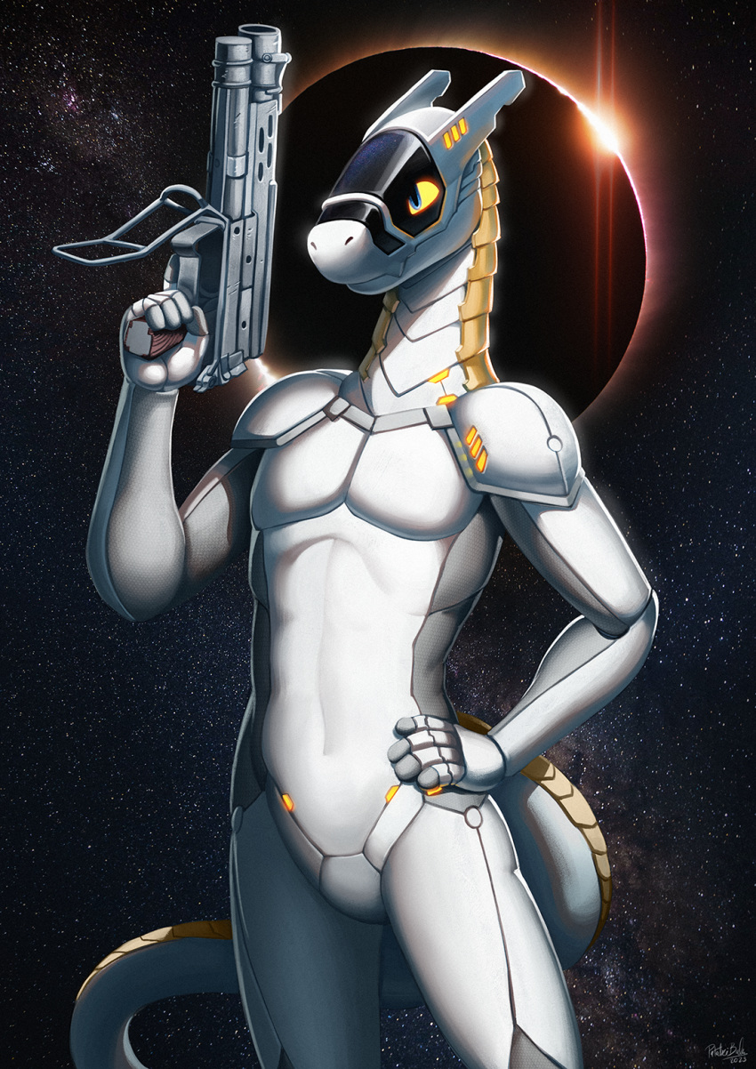 2023 anthro azsola cosmic_background featureless_crotch gun hand_on_hip hi_res machine male nude ranged_weapon robot solo space space_background standing synth_(vader-san) weapon